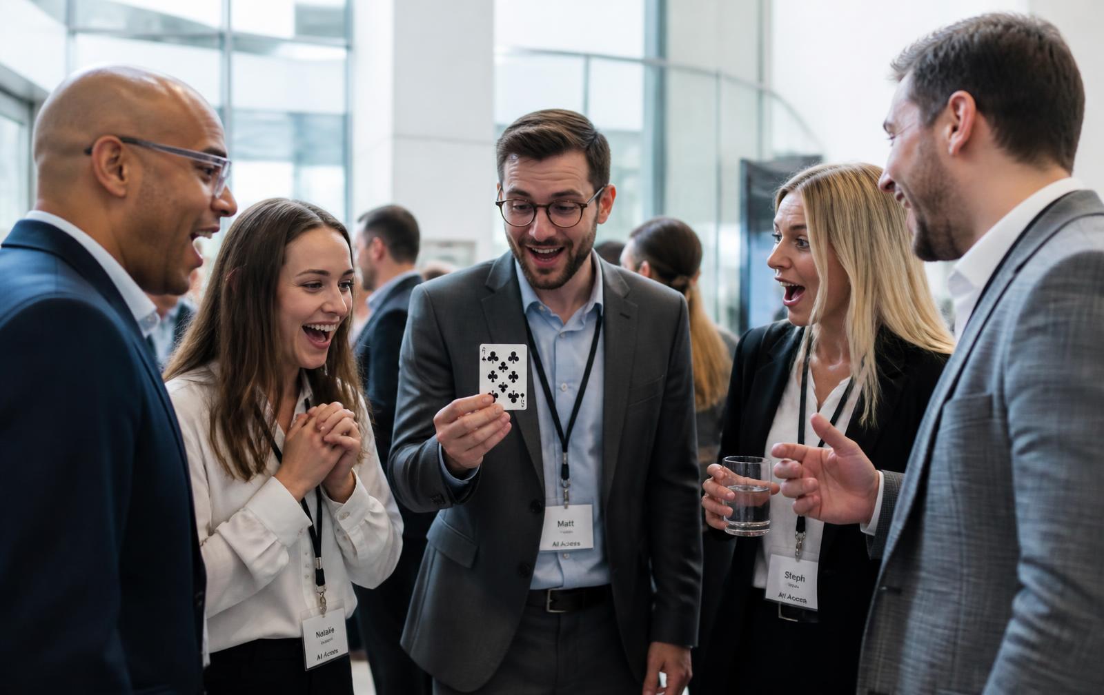 Professionals laughing in amazement at a card reveal during a corporate event
